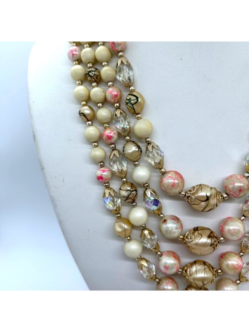 Vintage 4-Strand Japan Necklace Pink Swirl Beads Glass Acrylic Gold-Tone 1950s - Picture 5 of 16